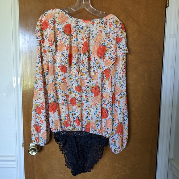 NWOT Free People Say It To Me Bodysuit Orange Floral Print Black Lace - Picture 2 of 9